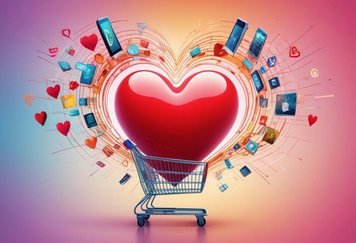 An abstract representation of a beating heart intertwined with shopping carts and digital screens, symbolizing the passion behind retail transactions. Bright colors to evoke energy and excitement, with flowing lines connecting the heart to various online market icons like carts, checkmarks, and currency symbols. The background should be a soft gradient to maintain focus on the central theme. vector art. vibrant colors. dynamic composition.