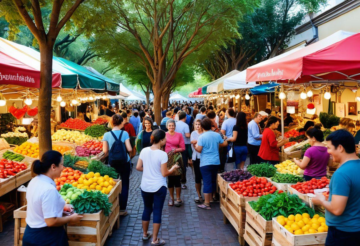 A vibrant digital marketplace scene featuring diverse individuals exchanging goods with warm smiles, showcasing the value of affectionate trading. Colorful products are displayed prominently around them, with interconnected hearts symbolizing community and trust. Soft, glowing light enhances the friendly atmosphere, while a background of flourishing trees suggests growth and harmony. super-realistic. vibrant colors. 3D.