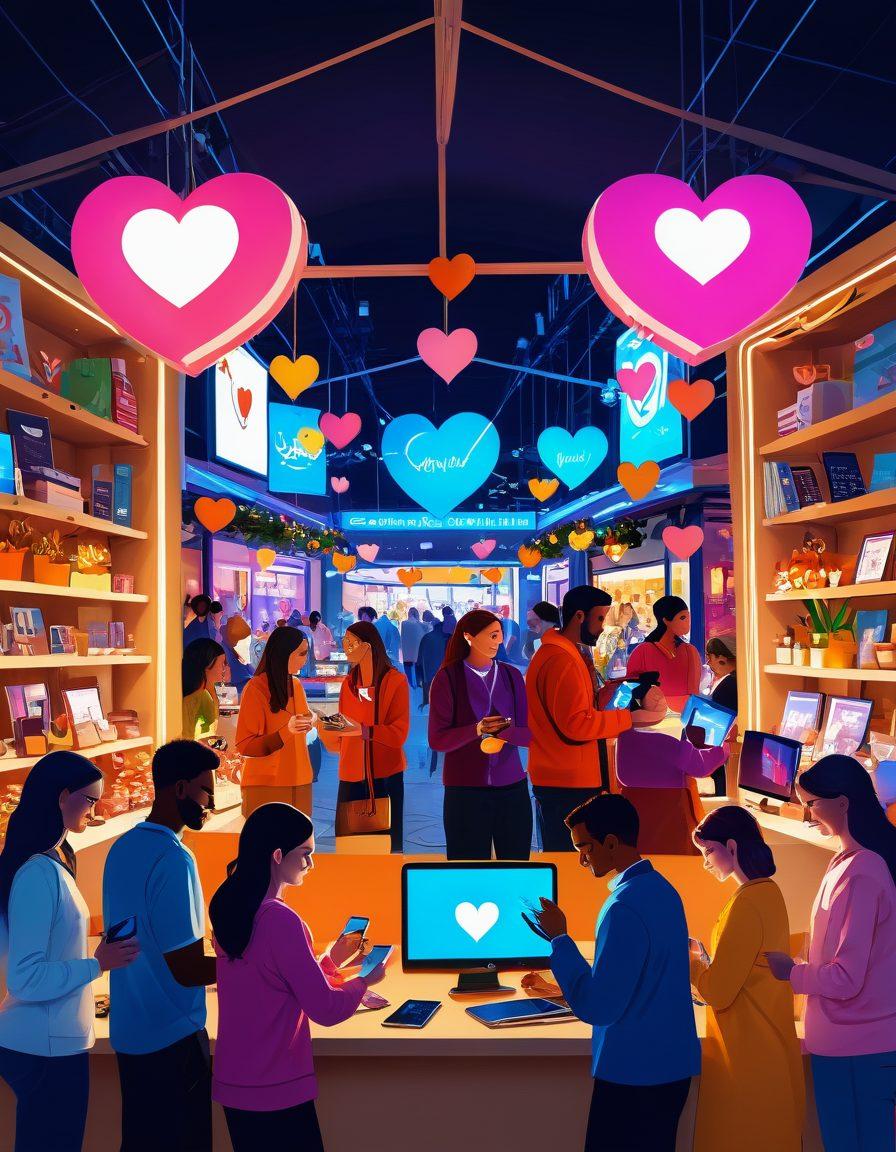 A dynamic marketplace scene showcasing diverse people engaging warmly while trading goods online, with glowing digital devices in their hands, symbols of affection like hearts and flowers around them, emphasizing connection and trust in e-commerce. Bright, cheerful colors with a blend of technology and warmth. vibrant colors. digital art.